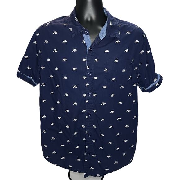 Aeropostale A87 Men’s Short Sleeve Button Up Shirt Large Navy Blue All Over Logo - Picture 1 of 11
